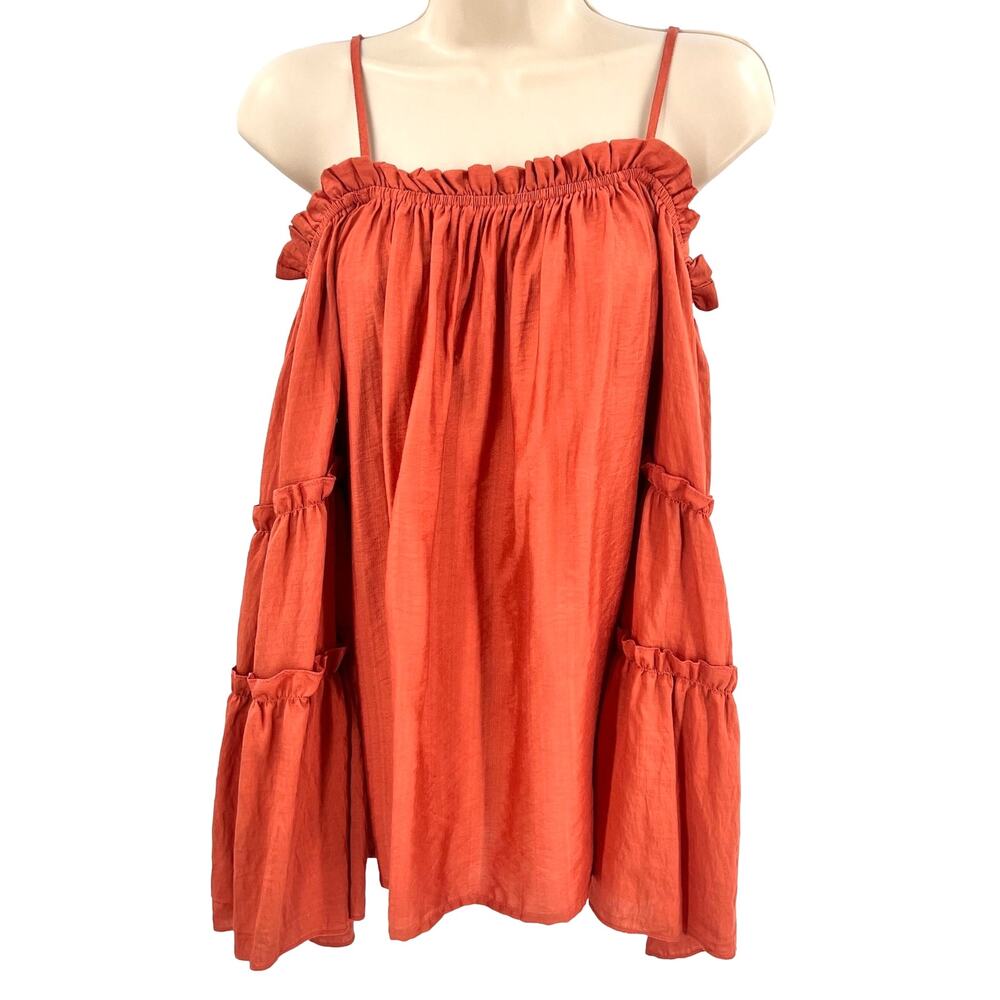 Women's M Off The Shoulder Top Burnt Orange Peasant Boho Prairie Flowy Ruffles